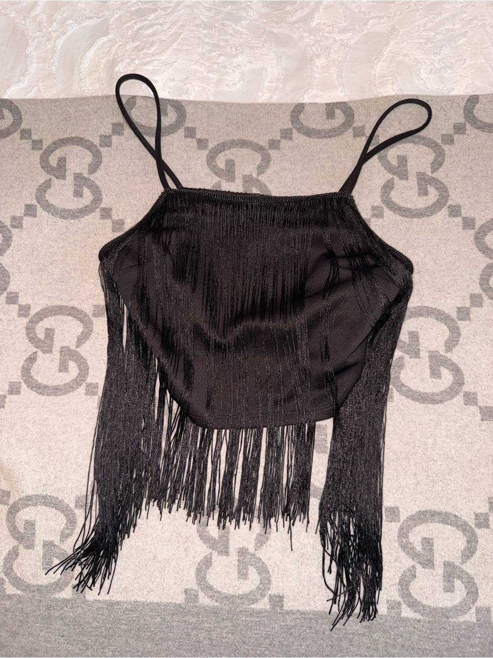 Dynamite Black Fringe Spaghetti Strap Crop Top